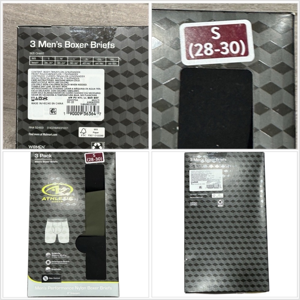 Athletic Works Small Boxers Brief 3-pack Nylon Black Olive Trunks Underwear NWT